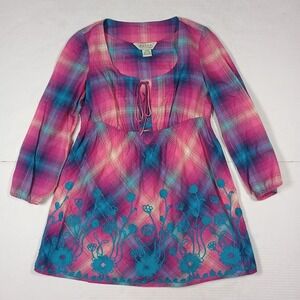 Roper Western Pink Blue Plaid Embroidery Floral Cotton Babydoll Tie Size Small